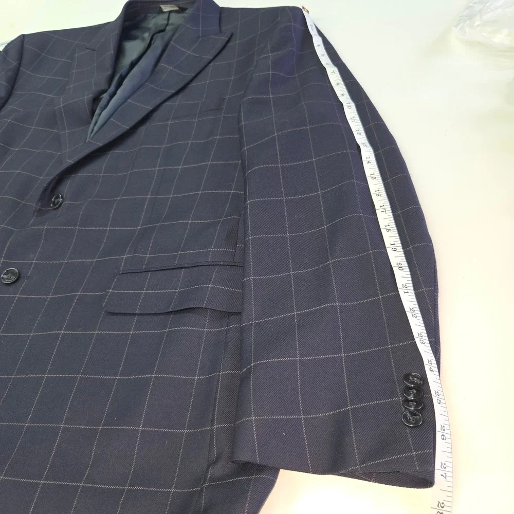 Paul Fredrick Blazer Mens 50R Navy Blue Windowpane‎ Wool Classic Fit Jacket